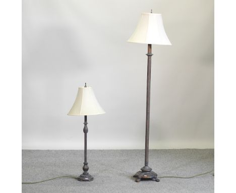 A metal standard lamp and shade, 155cm high, together with a table lamp and shade