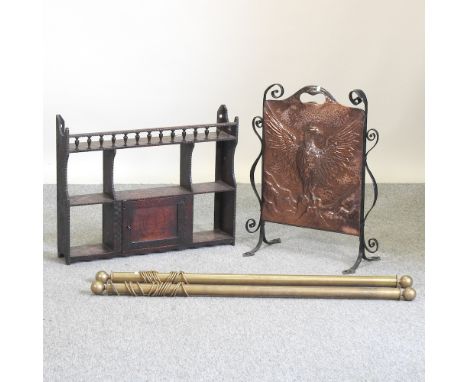 A brass fire screen, together with a wall shelf and two short curtain poles, 120cm