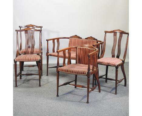 An Edwardian mahogany and inlaid salon suite, comprising a sofa, 101cm and four chairs