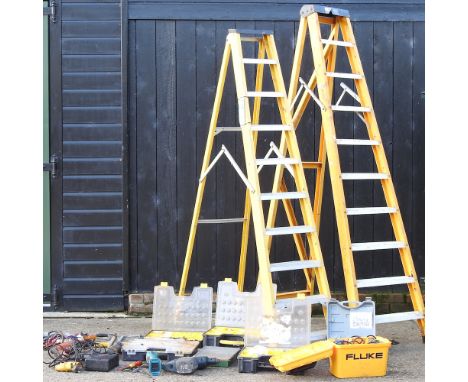 A collection of hand tools, together with two aluminium folding ladders, highest 250cm