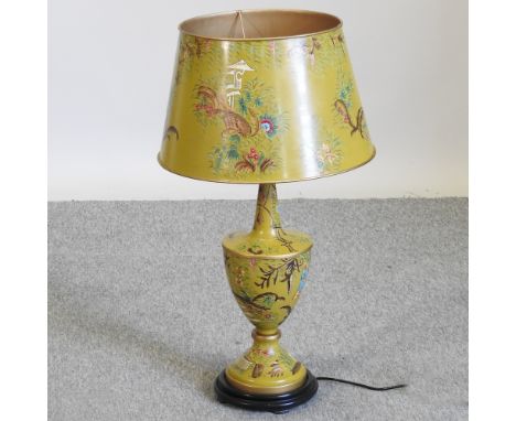 A modern toleware style yellow table lamp and shade, 28cm high overall