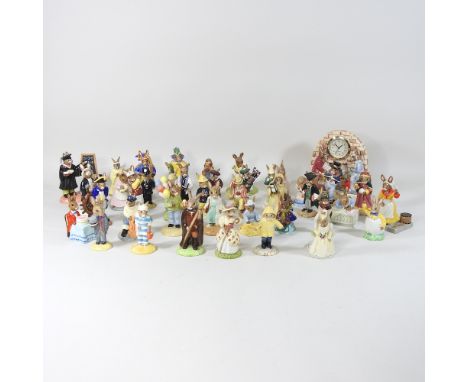 A collection of Royal Doulton Bunnykins figures, together with a mantel clock, mostly boxed