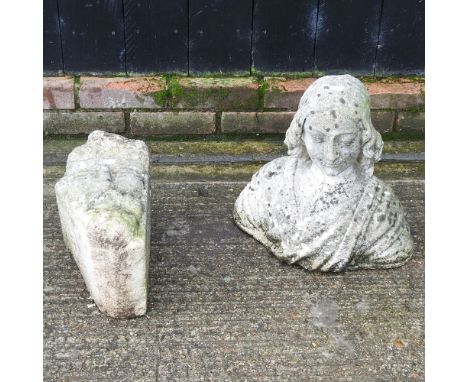 A reconstituted stone merchant's head corbel, together with a bust, 40cm (2)