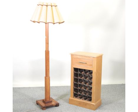 A light oak wine rack, 51cm, together with an Art Deco standard lamp and shade