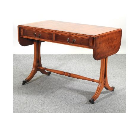 A reproduction burr yew sofa table, 103cm