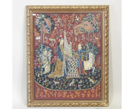A tapestry of a medieval scene, 70 x 53cm, in a gilt frame, together with a print of a young girl, 72 x 48cm (2)