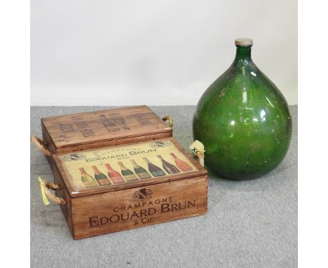 A vintage style champagne advertising wooden box, together with another, 55cm, and a green Italian wine bottle