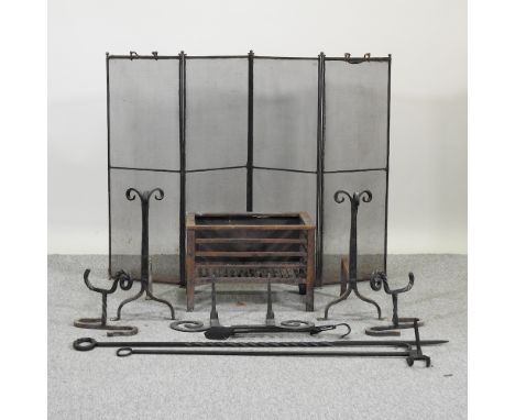 A cast iron fire grate, 45cm, together with a pair of fire dogs, another pair, meat hook, fire tools and a fire screen