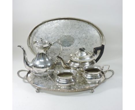 A collection of silver plated items, to include two trays and a teapot