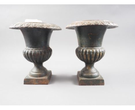 A pair of bronzed Campana vases, on square bases, 9" high, a&nbsp;shaped pewter dish, 14" dia, a pair of pewter candlesticks 