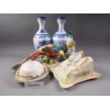 A pair of "Abbey" pattern blue and white vases, a pair of 19th century Staffordshire "Peacock"