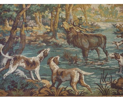 A Jacquard woven tapestry panel, hunting scene with stag at bay and huntress, 29" x 70" approx 