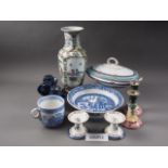 A Copeland blue and white willow pattern tureen base, 10" dia, a Chinese vase with figure