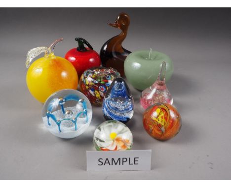 Ten fruit and vegetable shaped paperweights and ornaments, and a quantity of similar paperweights, including a Caithness "Oce