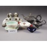 A pair of Staffordshire dogs, 6 1/2" high, a pewter teapot, similar milk jug, four oval blue glass