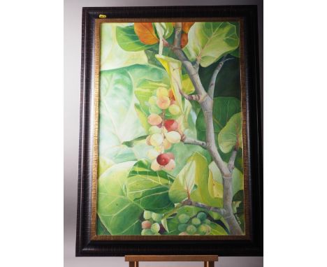 M Kay: oil on canvas, fruiting fig tree, 29" x 19 1/2", in frame 