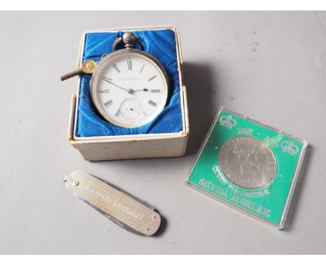 A silver cased open faced pocket watch, with white enamel dial, Roman numerals and subsidiary seconds dial, in original box, 