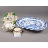 A Minton bone china Phoenix decorated part teaset, a Willow pattern goose dish, 21" wide, and