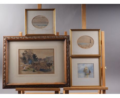 A late 19th century watercolour and bodycolour sketch, hay wagon, 7" x 7 1/2", in carved oak frame, three watercolour sketche