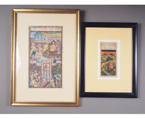 An Indian watercolour, tiger hunting scene with manuscript, 5 1/2" x 2 5/8", in ebonised frame, another similar, figures in a
