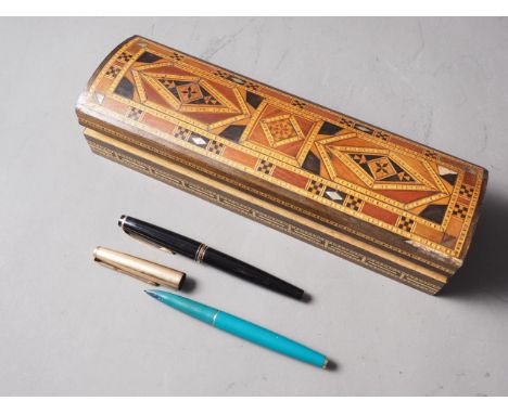 A Parker 61 turquoise and rolled gold fountain pen, a Mont Blanc No 22 fountain pen and a marquetry inlaid pen box 