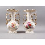 A pair of early 19th century Worcester bulbous flared rim vases with gilt scrolled handles and