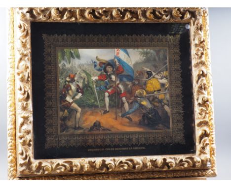 A 19th century hand-coloured lithograph, Christopher Columbus, in deep gilt frame 