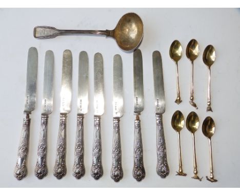 Eight Victorian silver tea knives – London 1879, six modern Birmingham silver-gilt coffee spoons with animal finials and a sa