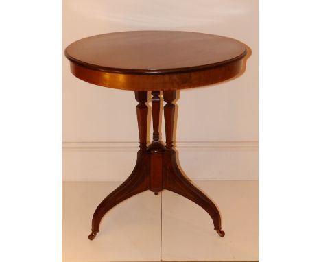 A late Victorian/Edwardian inlaid mahogany circular tripod table, supported on square section triple columns to crab tripod f