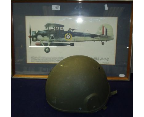 Framed coloured print Swordfish II, Royal Navy Historic Fight and a British military issue combat 95 helmet (2)