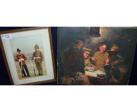 Framed coloured print of Colour Sergeant & Private in khaki of the Gloucestershire Regiment and a small oil on canvas depicti