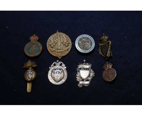 Selection of military lapel badges, cap badges and silver hallmarked fobs including enamel Observers Corp. lapel badge, Women