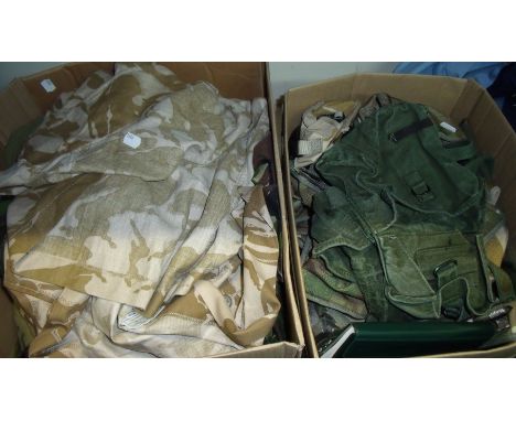 Two boxes of various assorted British military army surplus including webbing, clothing etc 
