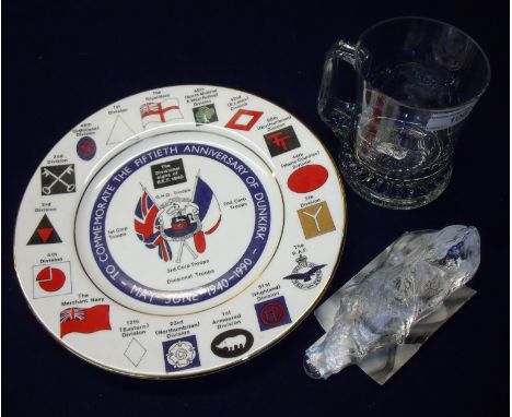 Royal Army Service Corp. and Artillery Dunkirk 1940 glass tankard, a Gibraltar crystal Paul Alexander Master Glass Maker figu