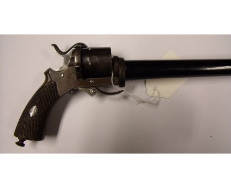 Unusual and scarce Belgium rimfire six shot combination revolver walking stick with ebonised walking stick shaft, the handle 