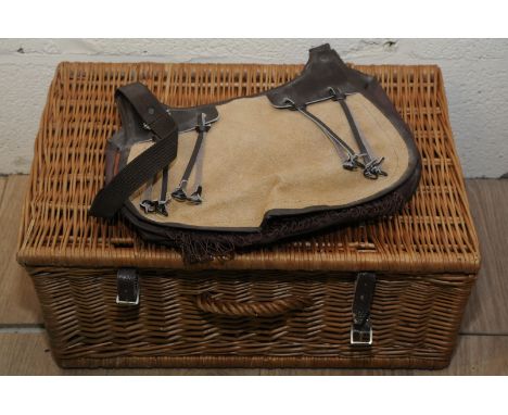 As new canvas and leather game/fishing bag and a Fortnum & Masons wicker hamper 