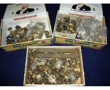 Three vintage cigar boxes containing a large quantity of various assorted military buttons, small selection of stay bright ba