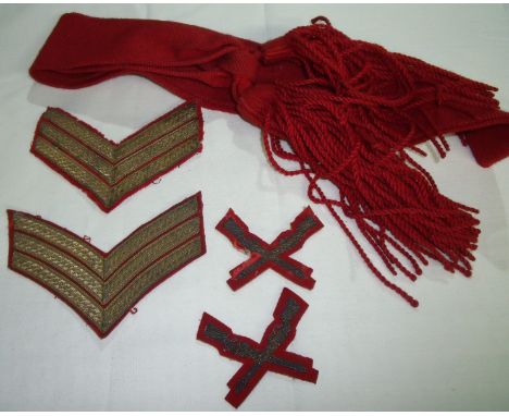 Selection of various embroidered and cloth insignia including Colour Sergeants sash and arm stripes and a pair of Sharp Shoot