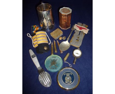 Assorted military items including military silver plated tankard, compass, inert ammunition, cutlery, trench art etc 