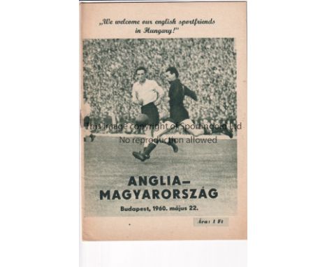 ENGLAND    Away programme v Hungary 22/5/1960. Very light staple rust. No writing. Generally good     