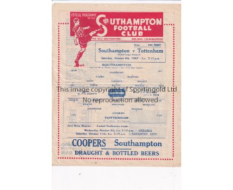 SOUTHAMPTON / TOTTENHAM        Single sheet programme at The Dell 4/10/1947. Horizontal fold. No writing. Generally good