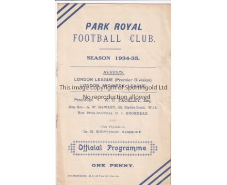 PARK ROYAL   Home programme v Bostall Heath London League 19/1/1935. Light staple rust. No writing. Generally good   