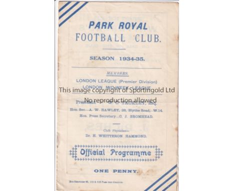 PARK ROYAL   Home programme v Leavesden London League 20/4/1935. Light staple rust. Some foxing. No writing. Fair to generall