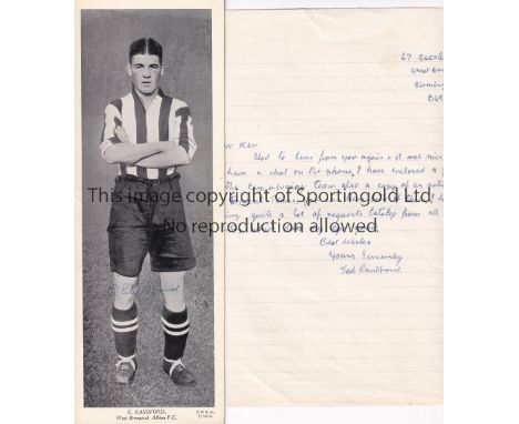 TED SANDFORD / WEST BROMWICH ALBION / AUTOGRAPHS     A signed large Topical Times black &amp; white panel and a handwritten s