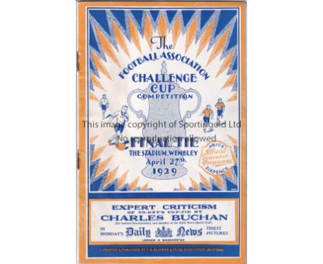 1929 F.A. CUP FINAL   Official programme 1929 Cup Final, Bolton v Portsmouth, staples rusty but otherwise good, no writing.  