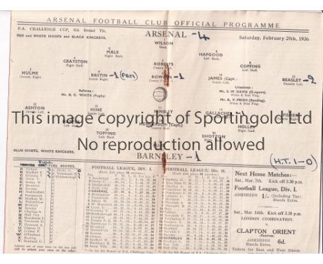ARSENAL V BARNSLEY 1936     Programme for the FA Cup tie at Arsenal 29/2/1936. Arsenal won the Cup this year. Slight vertical