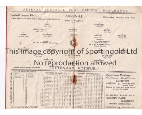 ARSENAL V TOTTENHAM HOTSPUR 1934     Programme for the League match at Arsenal 31/1/1934, creased, rusty staples and slightly