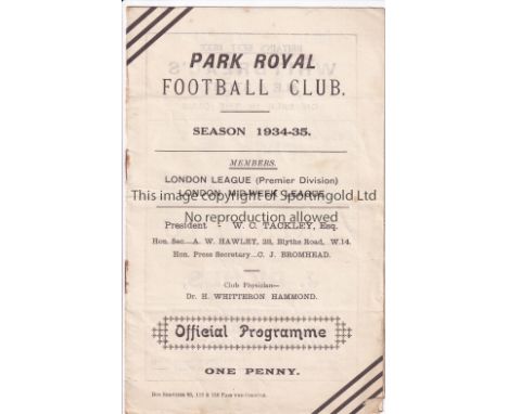 PARK ROYAL   Home programme v Tilbury London League 15/12/1934. Light staple rust. No writing. Generally good   