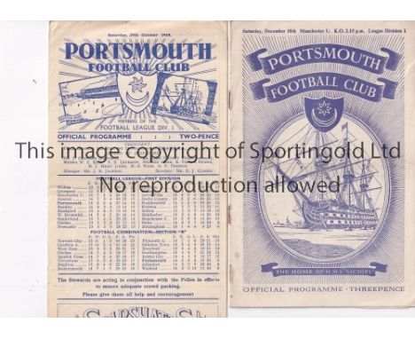 PORTSMOUTH / MANCHESTER UNITED     Two programmes at Fratton Park 29/10/1949 (light horizontal fold) and 18/12/1954 (score). 