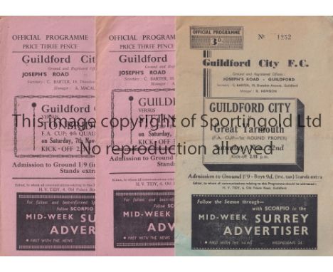GUILDFORD     Three home programmes in the FA Cup v Great Yarmouth 1952/53 and Sittingbourne , Tonbridge 1953/54. Very light 